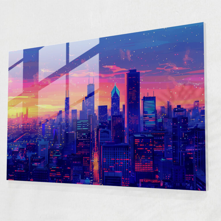 Pointillism Glass Wall Art: Cityscape At Sunset - Pointillism, Glass Print, Home Decoration, Wall Decoration