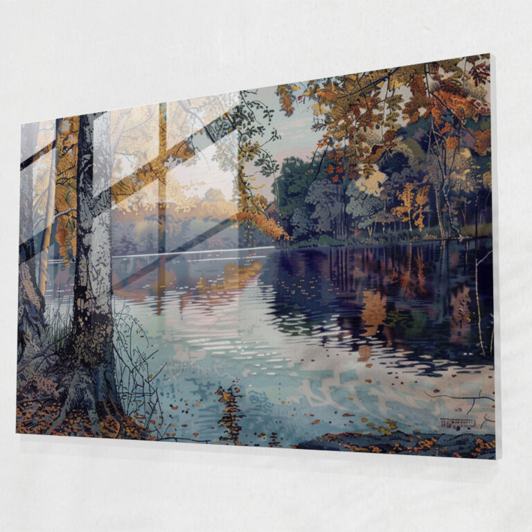 Pointillism Glass Wall Art: Tranquil Lakeside View - Pointillism, Home Decoration, Glass Print, Wall Decoration