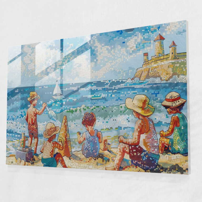 Pointillism Home Decoration: Playful Seaside Scene - Pointillism, Glass Wall Art, Glass Print, Modern Art