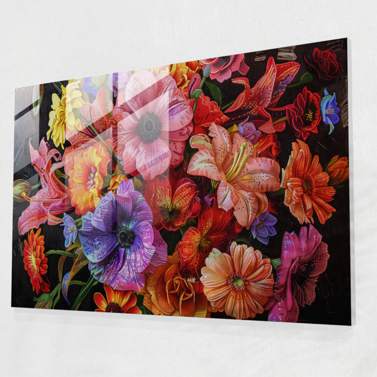 Pointillism Glass Print - Vibrant Floral - Pointillism, Wall Decoration, Home Decoration, Glass Print