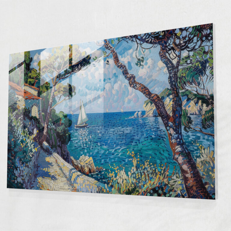 Pointillism Glass Wall Art - Peaceful Seaside - Pointillism, Landscape, Glass Art, Modern Art