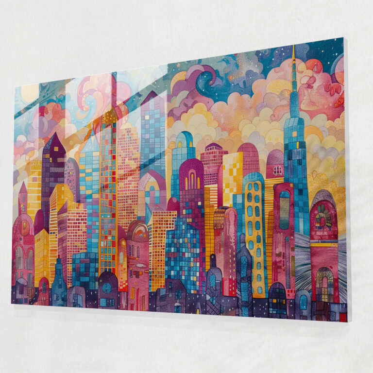 Pointillism Wall Decoration - Whimsical City - Pointillism, Glass Art, Pointillism, Glass Wall Art