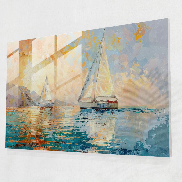 Seascape Sailboats Pointillism Glass Wall Art - Pointillism, Glass Art, Home Decoration, Modern Art