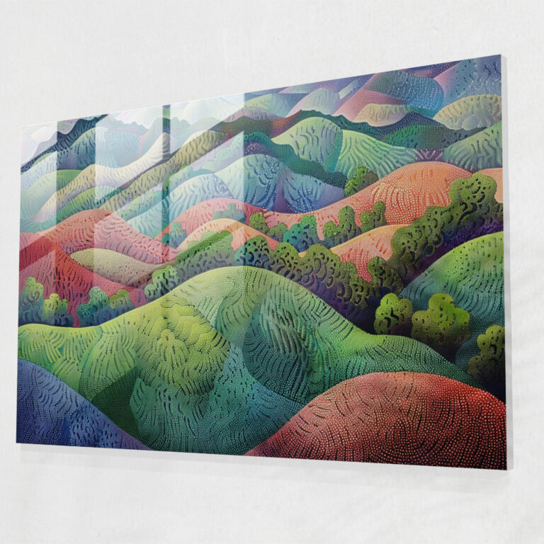 Pointillism Glass Print - Rolling Hills Landscape - Pointillism, Landscape, Rolling Hills, Glass Wall Art