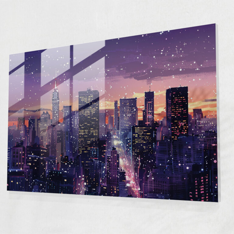 Pointillism Glass Print - Night City Skyline - Pointillism, City Skyline, Wall Decoration, Home Decoration
