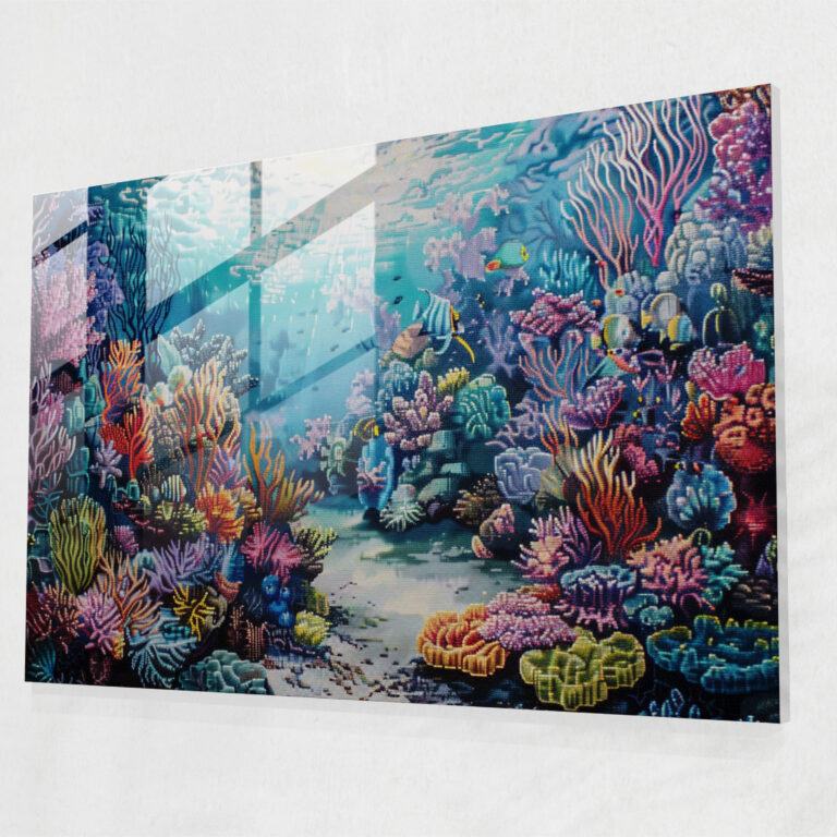 Pointillism Glass Print - Coral Reef Underwater Scene - Pointillism, Modern Art, Home Decoration, Glass Print