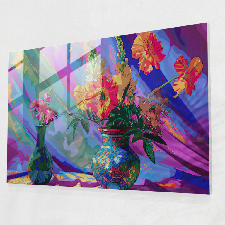 Pointillism Glass Print - Vibrant Flowers Still Life - Pointillism, Glass Wall Art, Vibrant Colors, Modern Art