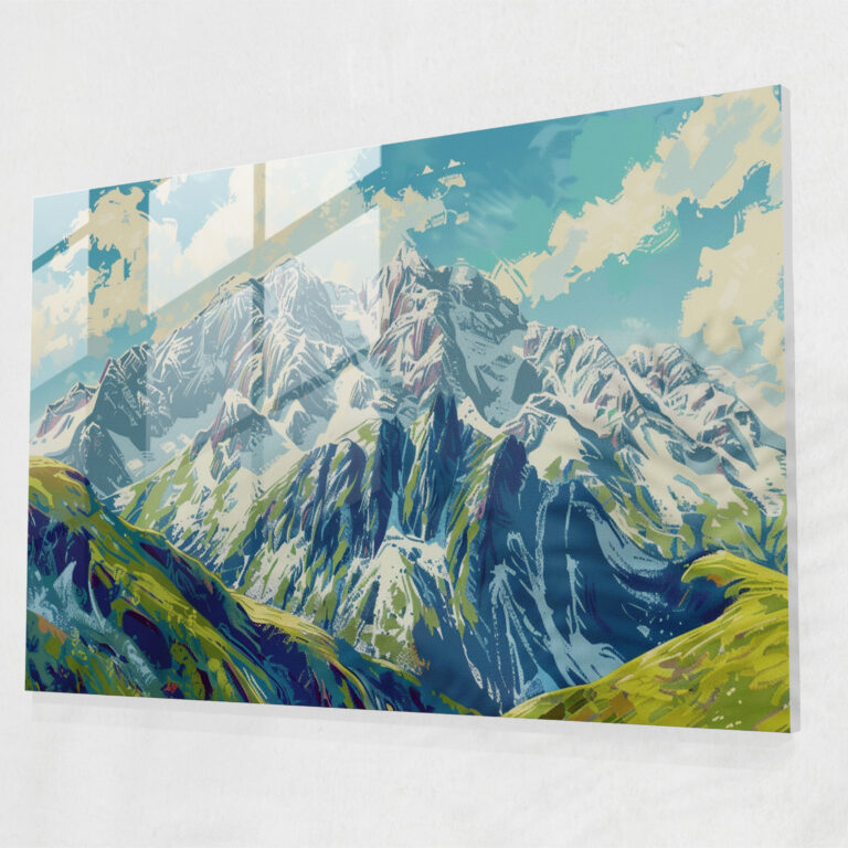 Pointillism Glass Print - Snowy Mountain Landscape - Pointillism, Glass Wall Art, Snowy Peaks, Glass Print