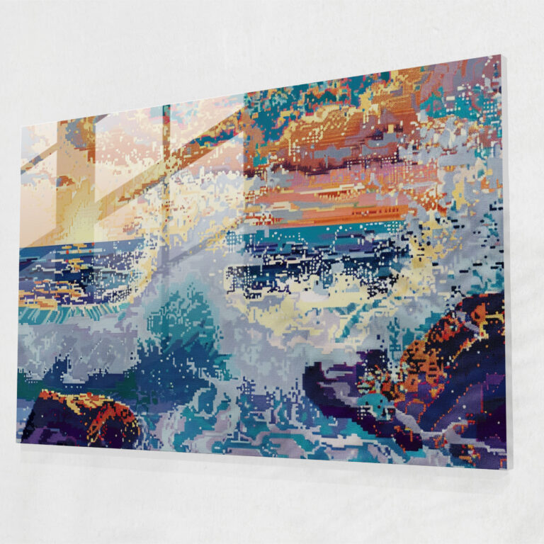 Pointillism Glass Print - Crashing Waves Seascape - Pointillism, Home Decoration, Crashing Waves, Glass Print