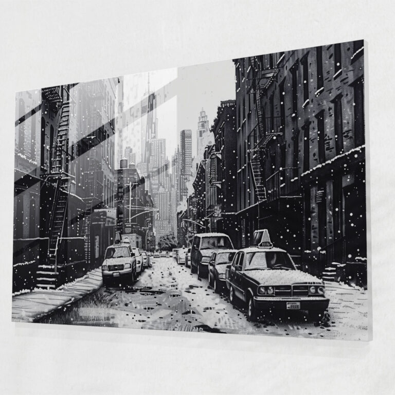 Pointillism Glass Print - City Street Scene - Pointillism, Modern Art, Wall Decoration, Glass Wall Art