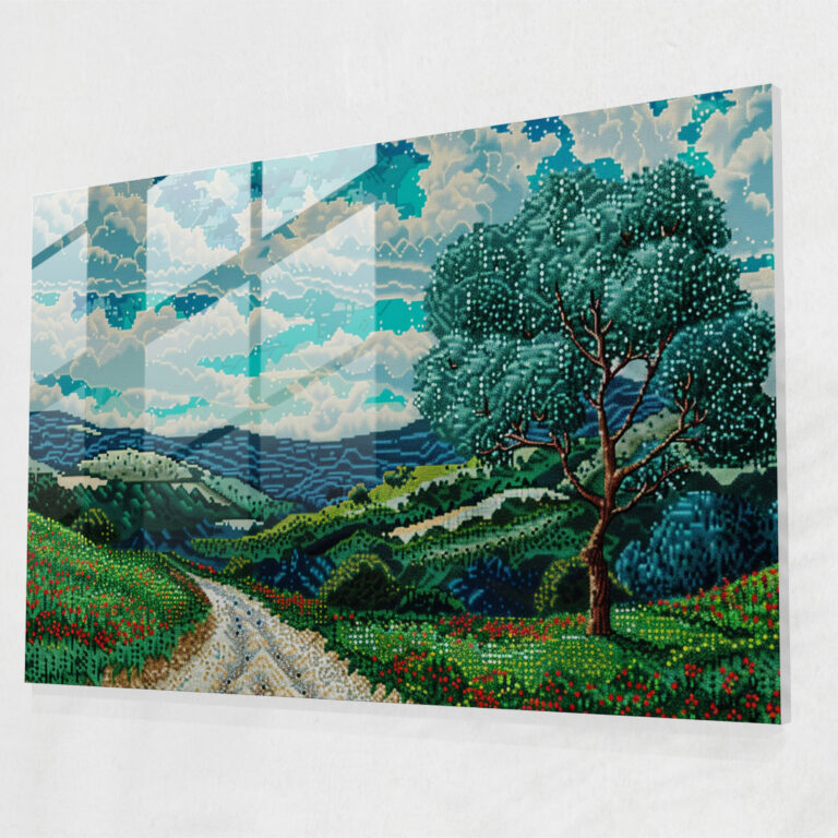 Pointillism Glass Print Serene Landscape Scene - Pointillism, Glass Print, Pointillism, Modern Art