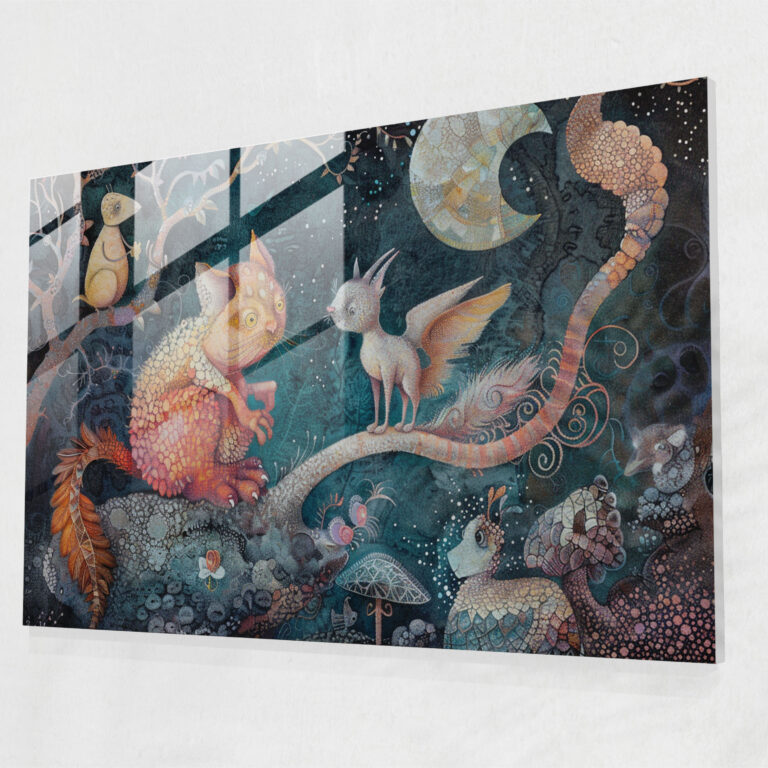 Pointillism Glass Print Whimsical Animal Characters - Pointillism, Whimsical Animals, Glass Art, Playful Composition