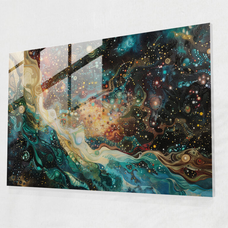 Pointillism Glass Wall Art Celestial Galaxy Scene - Pointillism, Wall Decoration, Cosmic Wonders, Glass Art
