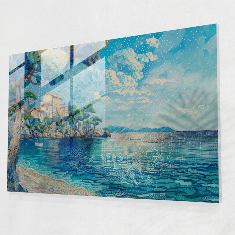 Pointillism Glass Print Dreamy Seascape View - Pointillism, Tranquil Setting, Wall Decoration, Modern Art