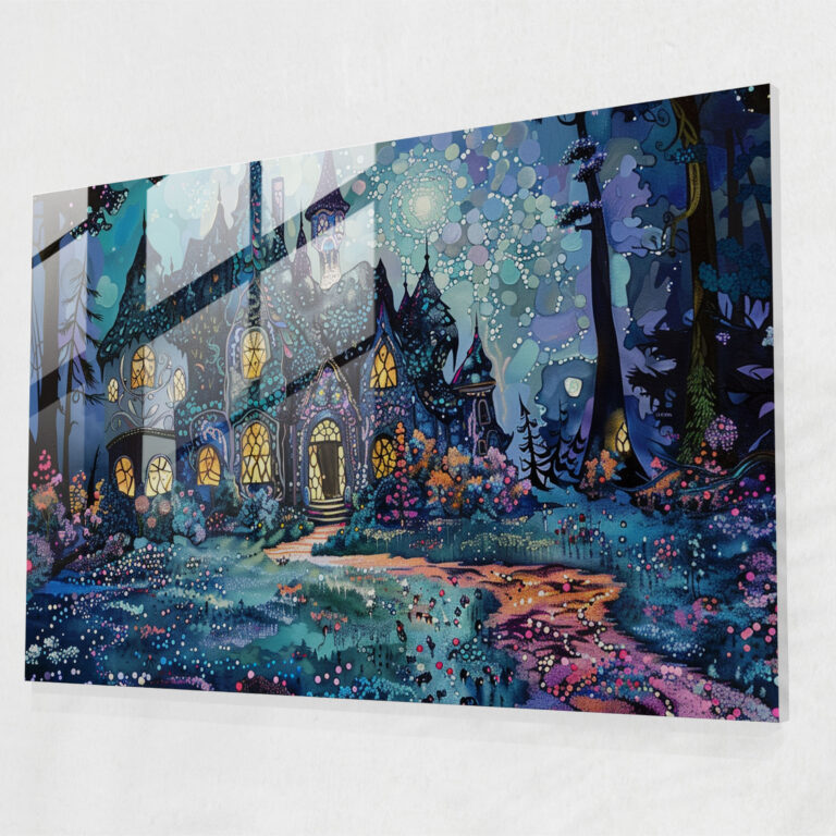 Pointillism Glass Print Whimsical Fairytale Scene - Pointillism, Home Decoration, Glass Wall Art, Wall Decoration