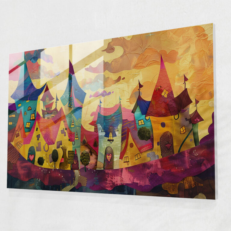 Post-Impressionism Modern Art: Whimsical Village Scene - Post-Impressionism, Glass Art, Glass Wall Art, Glass Print