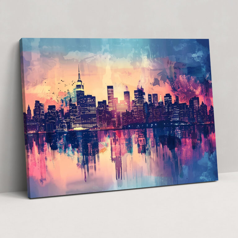 City Skyline Sunset Pointillism Wall Decoration - Pointillism, Wall Decoration, Home Decoration, Wall Art