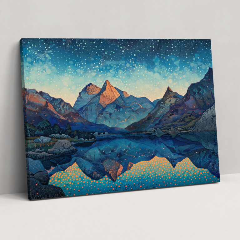Mountain Landscape Pointillism Wall Decoration - Pointillism, Home Decoration, Mountain Landscape, Dusk