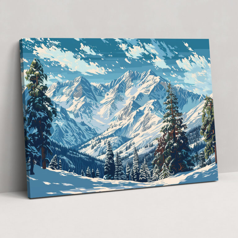 Snowy Mountains Pointillism Canvas Print - Pointillism, Pointillism, Canvas Wall Art, Home Decoration