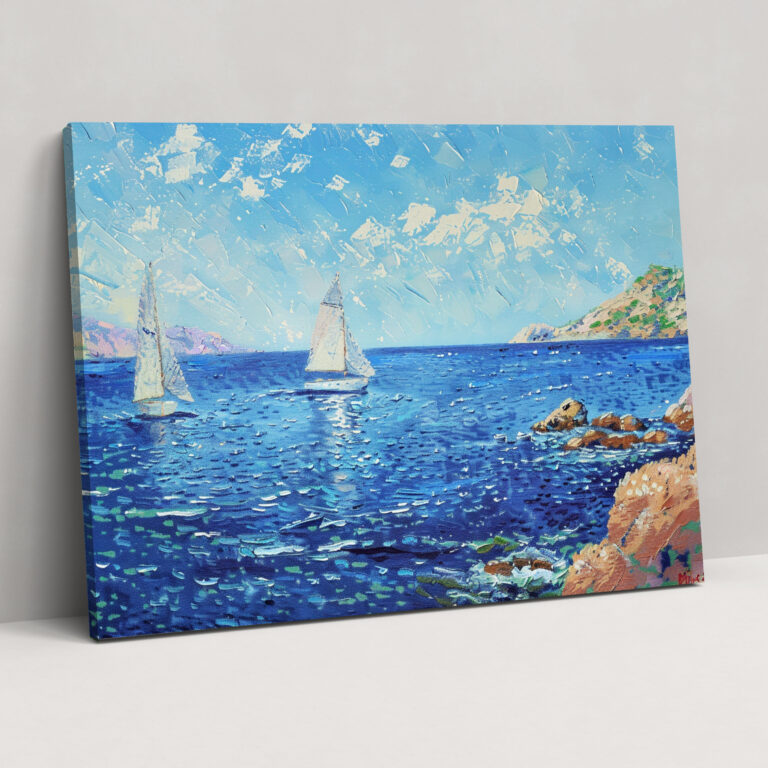 Seascape Sailboats Pointillism Canvas Print - Pointillism, Home Decoration, Canvas, Wall Decoration