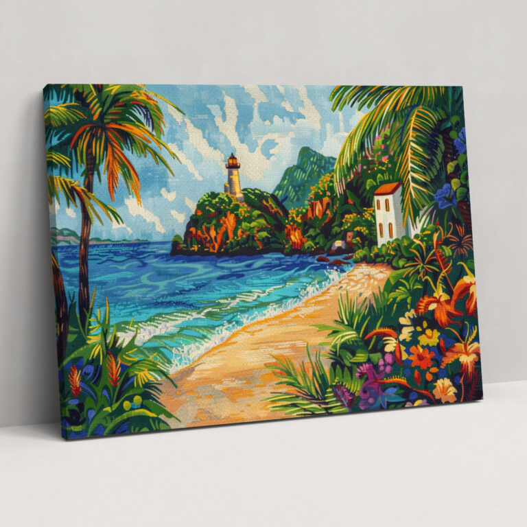 Coastal Lighthouse Pointillism Wall Art - Pointillism, Canvas Print, Canvas Wall Art, Serene