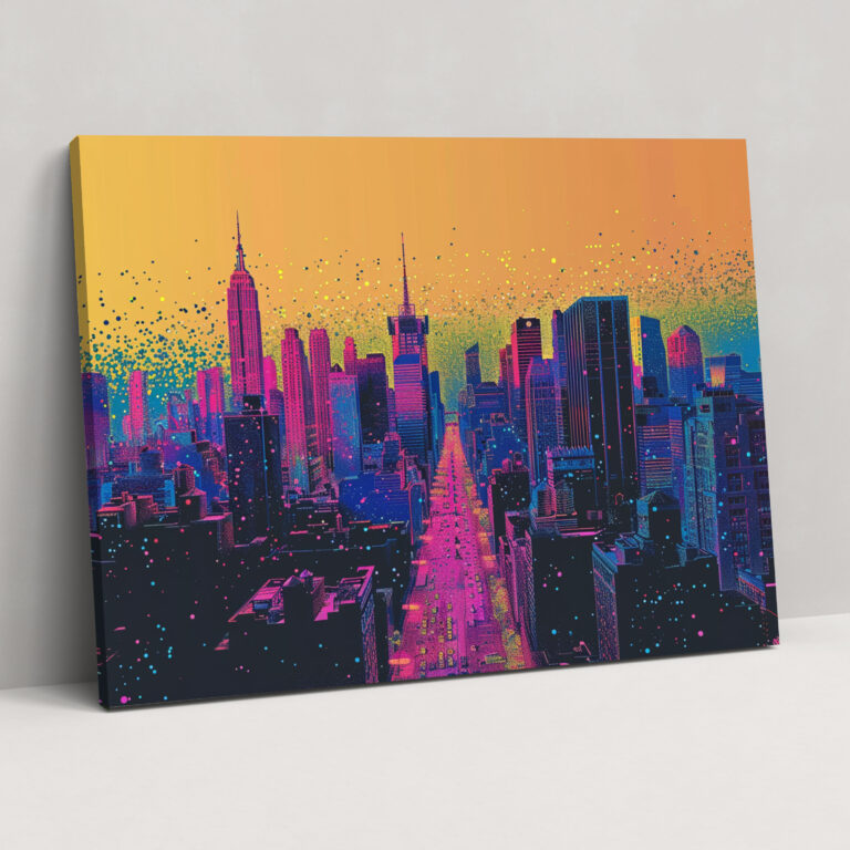 Retro City Skyline Pointillism Wall Art - Pointillism, Home Decoration, Wall Art, Canvas Print