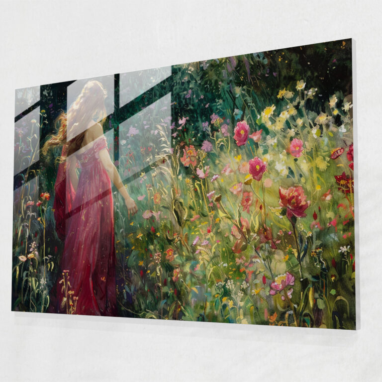 Pre-Raphaelite Brotherhood Glass Print - Flower Maiden In Lush Garden - Pre-Raphaelite Brotherhood, Flower Maiden, Home Decoration, Radiant Colors