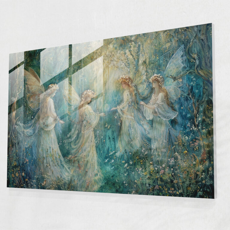 Pre-Raphaelite Brotherhood Glass Print - Mystical Fairies In Enchanted Garden - Pre-Raphaelite Brotherhood, Enchanted Garden, Soft Pastel Hues, Glass Print