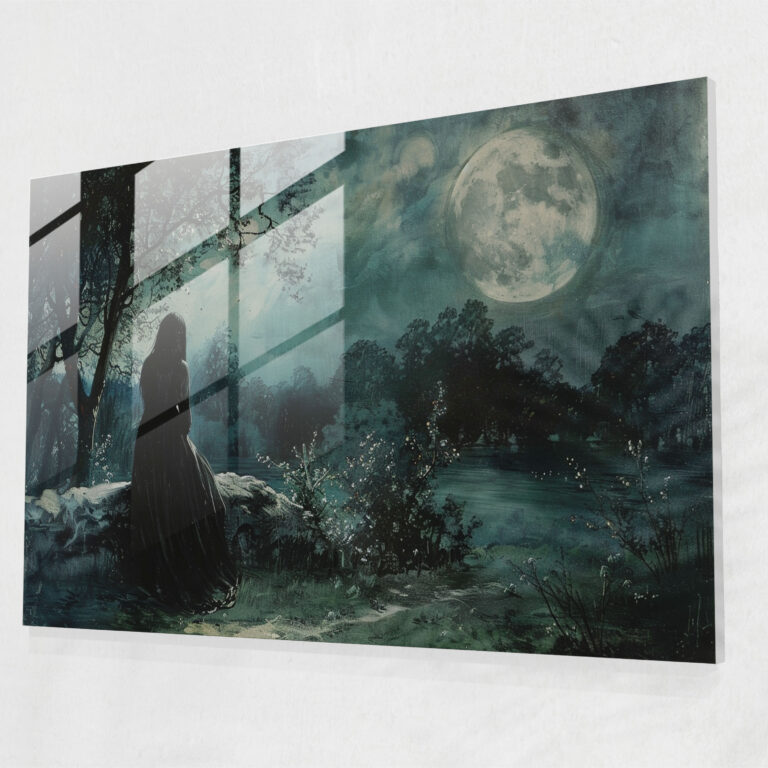 Moonlit Garden Glass Wall Art - Pre-Raphaelite Brotherhood, Enigmatic, Mysterious Figure, Moonlit Garden