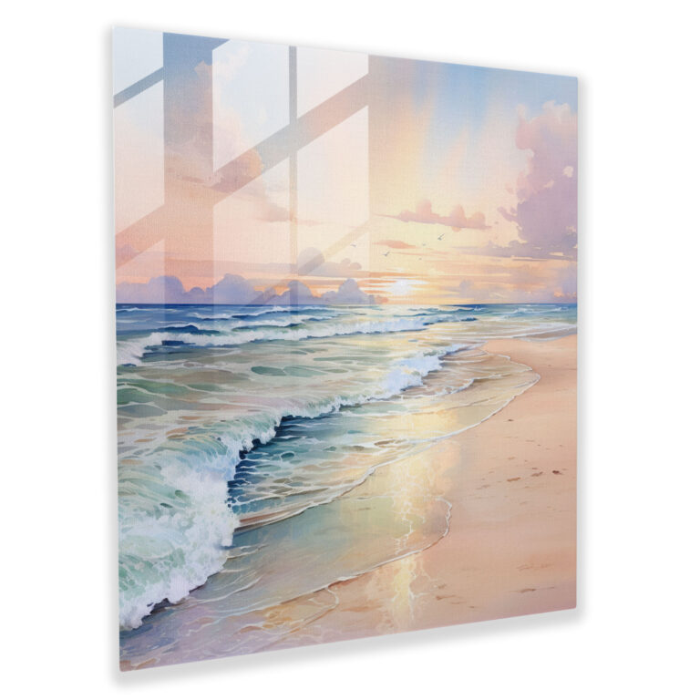 Pastel Beach Glass Wall Art - Pastel, Peaceful Beach Scene, Glass Wall Art, Sunset