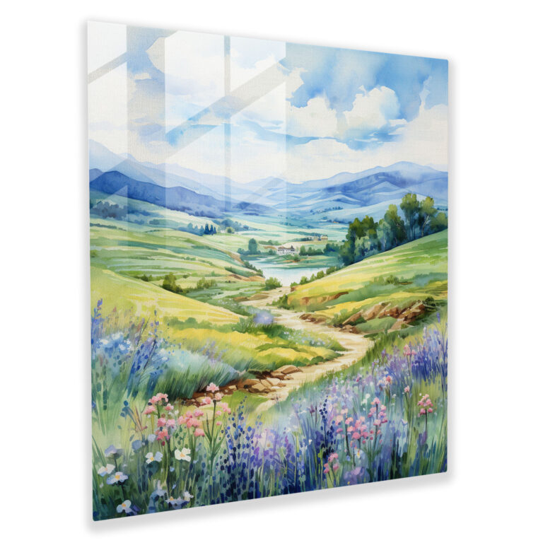 Countryside Serenity Glass Print - Portrait, Watercolor Illustration, Portrait, Glass Print