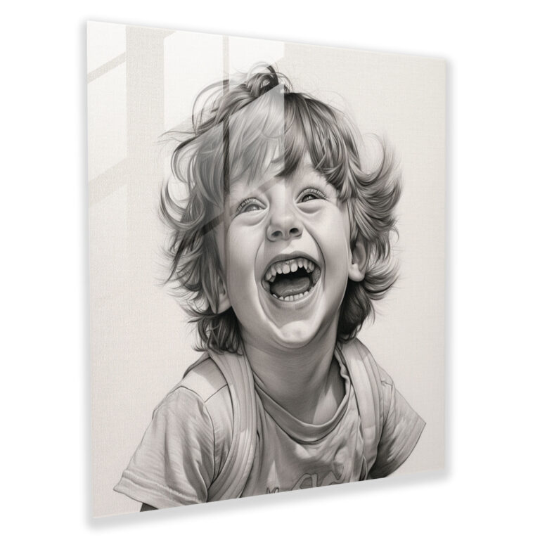 Laughter's Innocence Glass Print - Portrait, Pencil Sketch, Glass Art, Innocence