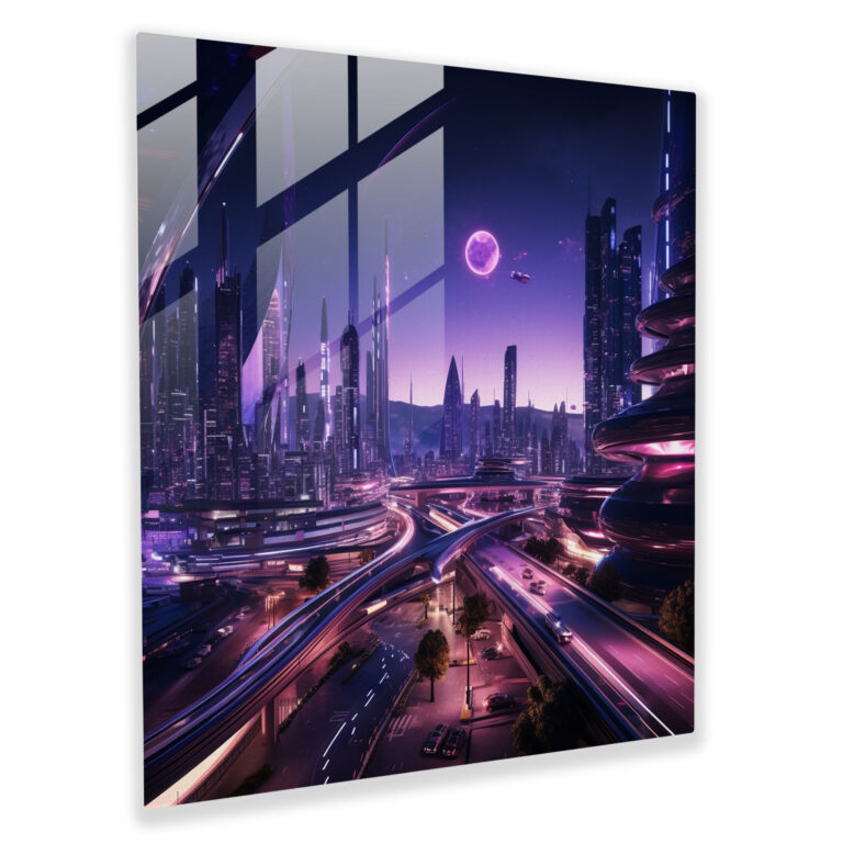 Purple Metropolis Glass Print - Futuristic Cityscape Glass Wall Art - Purple, Purple Theme, Wall Decoration, Modern Art