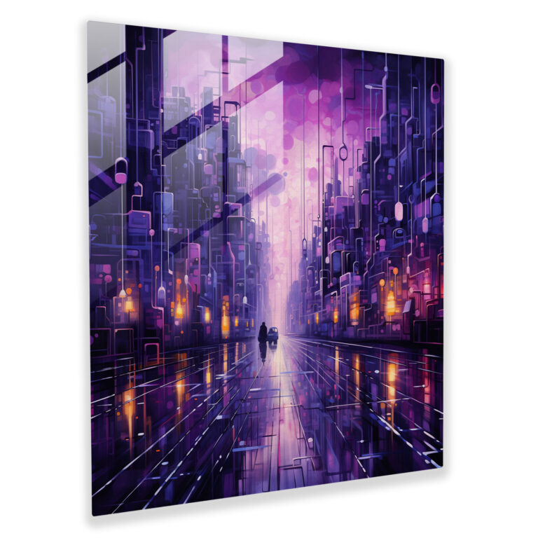 Purple Cityscape Glass Print - Purple, Glass Art, Contemporary Art, Home Decoration