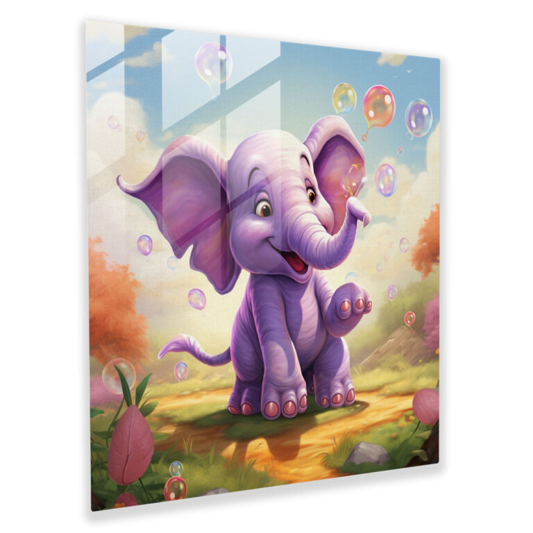 Purple Elephant Cartoon Glass Print - Purple, Purple, Home Decoration, Glass Wall Art