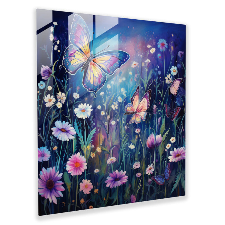 Enchanting Purple Butterflies Glass Print - Purple, Flowers, Wall Decoration, Home Decoration