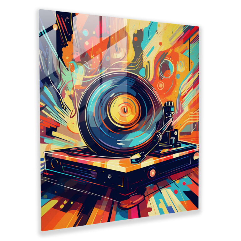 Vintage Record Player Glass Print - Retro, Vintage Record Player, Glass Art, Colorful Patterns