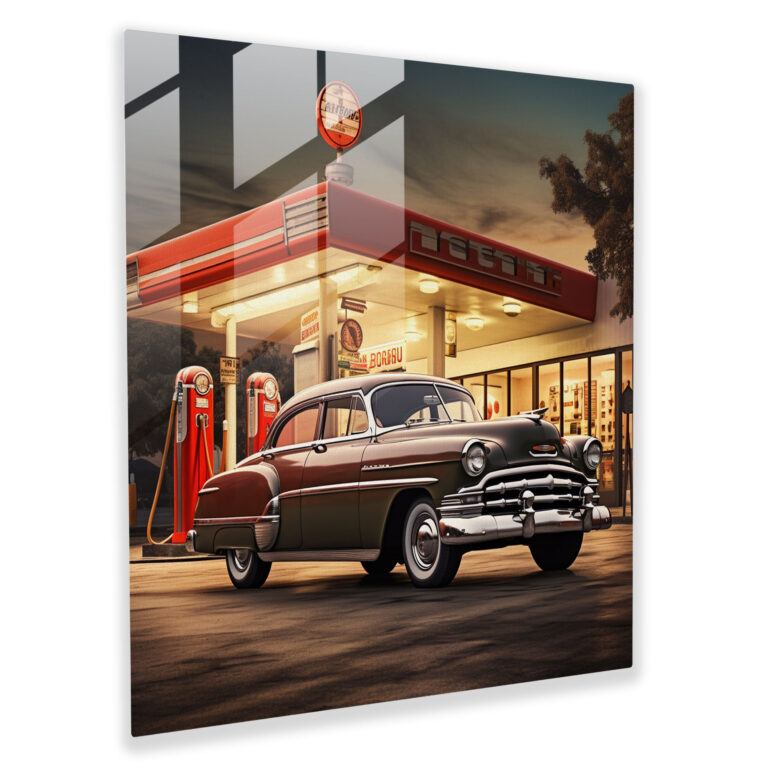 Vintage Automobile Glass Print - Retro, Home Decoration, Wall Decoration, Retro Gas Station