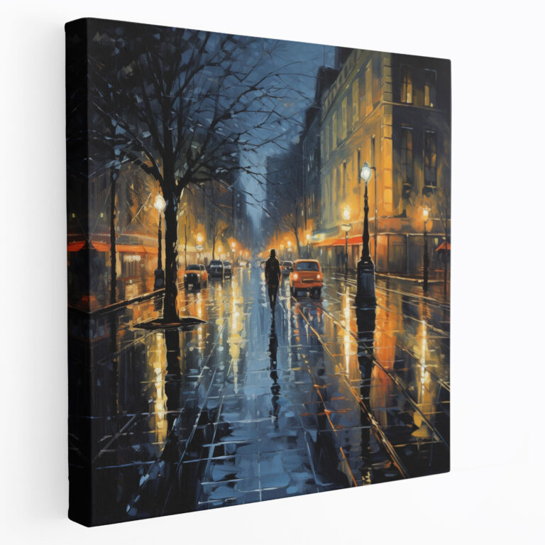 Night Rainfall Canvas Print - Rain, Hand-Painted Oil Painting, Reflections, Canvas Print