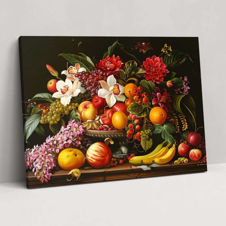 Realism Canvas Print Fruit And Flower Arrangement Wall Art - Realism, Canvas Wall Art, Wall Decoration, Canvas