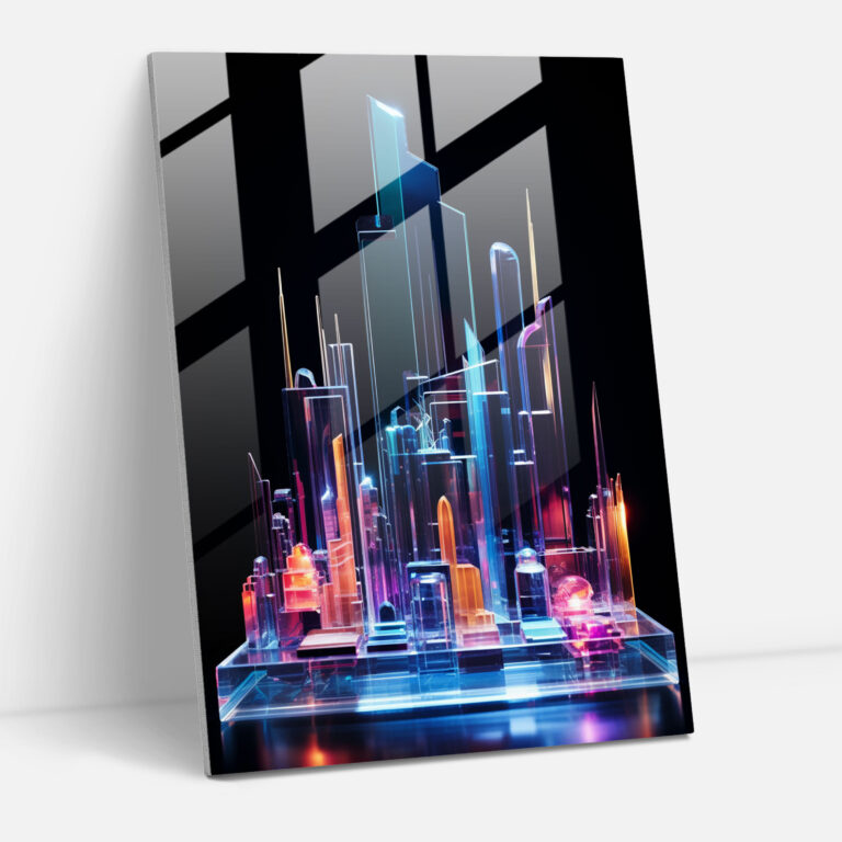 Realistic Glass Sculpture: Futuristic City Glass Print - Realistic Glass Sculpture, Home Decoration, Neon Lights, Futuristic Cityscape