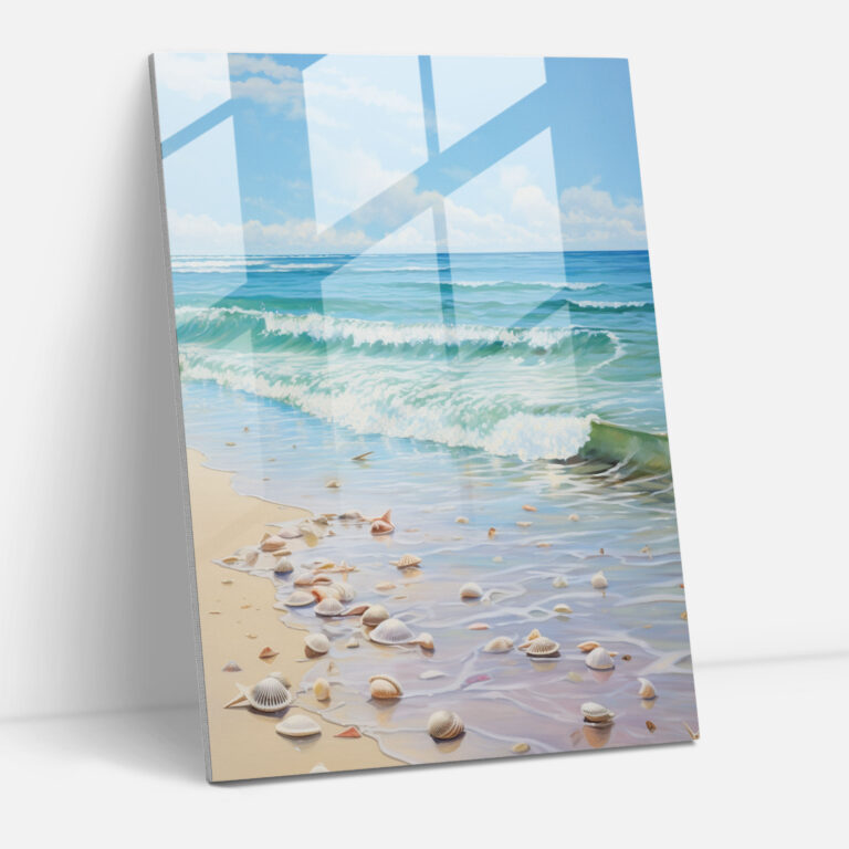 Glass Print: Serene Beachscape - Realistic Glass Sculpture, Wall Decoration, Modern Art, Crystal Clear Waters