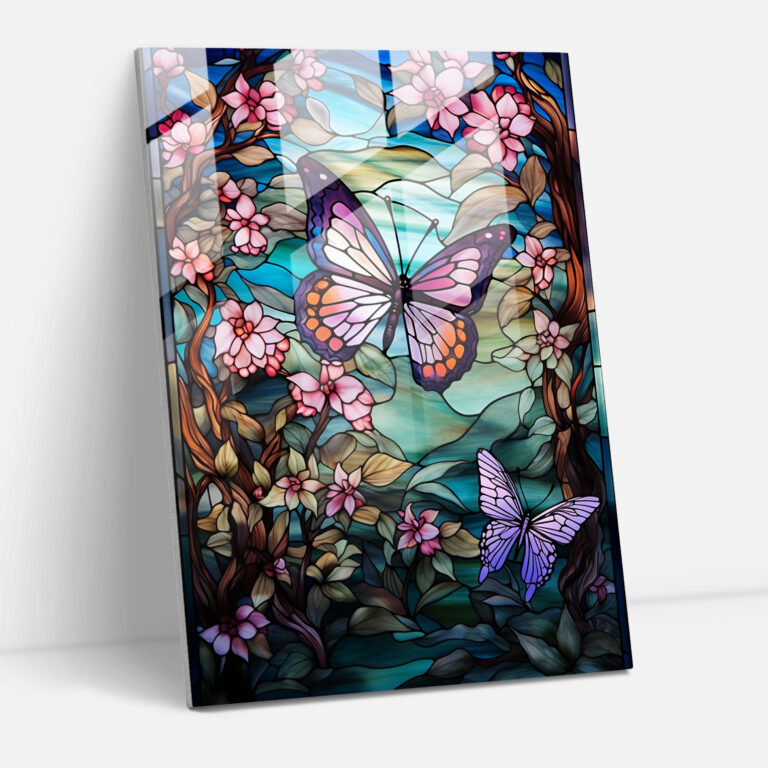 Glass Art Stained Window With Nature And Butterflies - Realistic Glass Sculpture, Glass Print, Nature Scene, Stained Glass