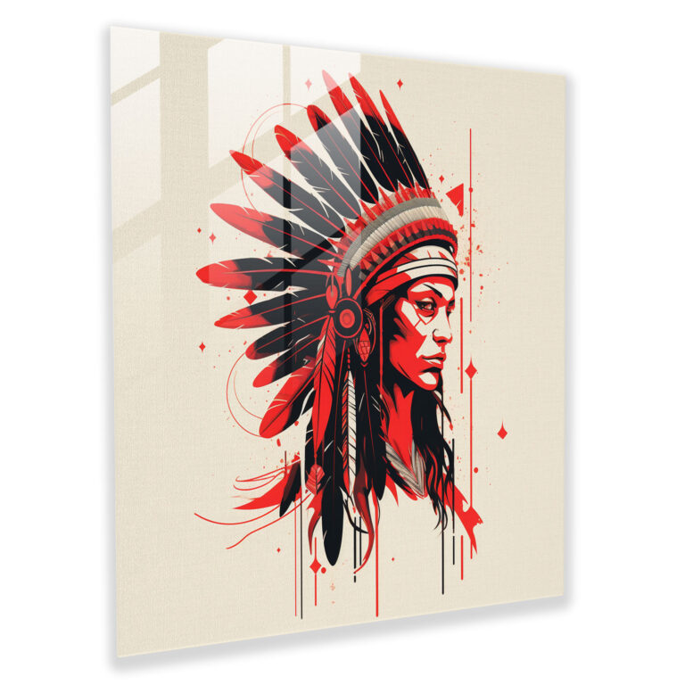 Red Indian Headdress Glass Print - Red Indian, Wall Decoration, Glass Art, Minimalist Illustration