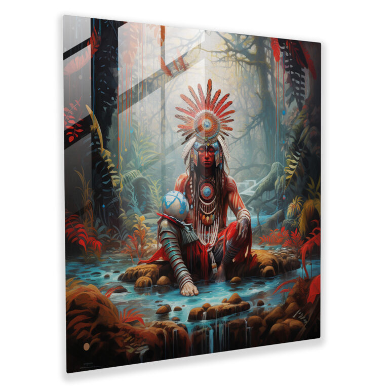 Red Indian Shaman Glass Print - Red Indian, Home Decoration, Surreal Painting, Glass Art