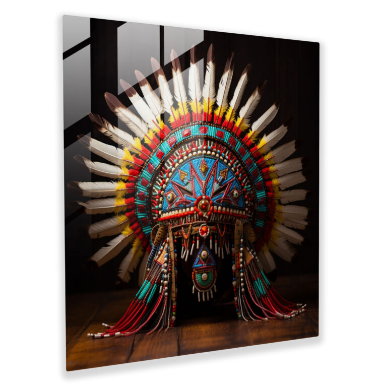 Red Indian Glass Print - Traditional Native American Headdress - Red Indian, Intricate Beadwork, Home Decoration, Glass Art
