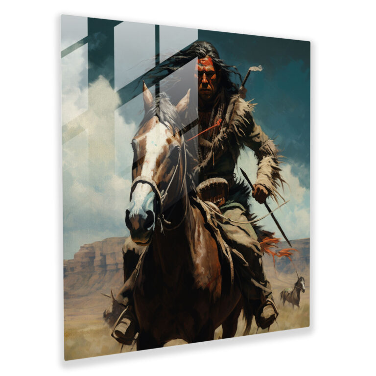 Red Indian Glass Print - Native American Warrior Galloping - Red Indian, Glass Art, Home Decoration, Open Plain