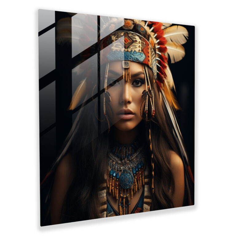 Red Indian Glass Print - Beautiful Native American Woman - Red Indian, Glass Art, Glass Print, Home Decoration