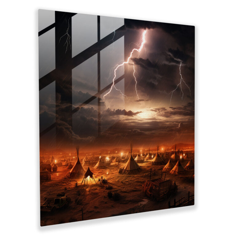 Red Indian Glass Print - Thunderstorm Tribal Camp - Red Indian, Lightning, Glass Wall Art, Wall Decoration