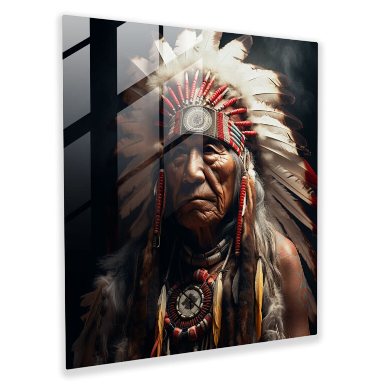 Red Indian Glass Print - Native American Chief Feathered Headdress - Red Indian, Glass Wall Art, Glass Art, Home Decoration